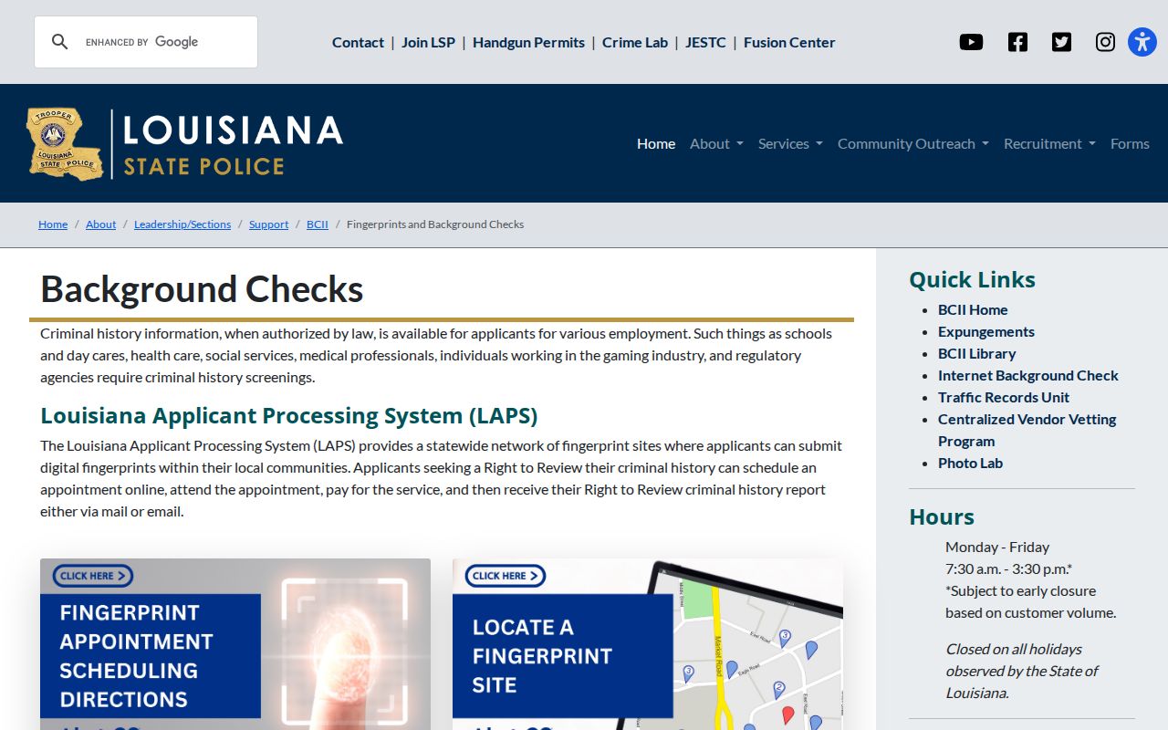 Louisiana State Police fingerprint and Right to Review information