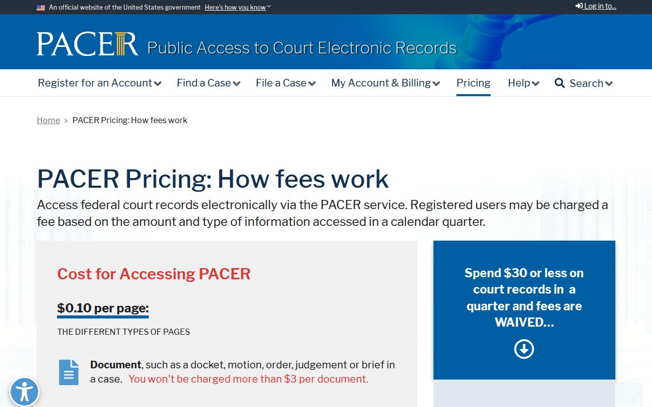 PACER federal court record fee guidance