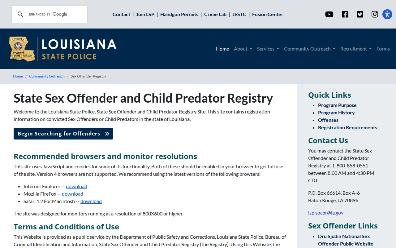 Louisiana State Police sex offender registry guidance